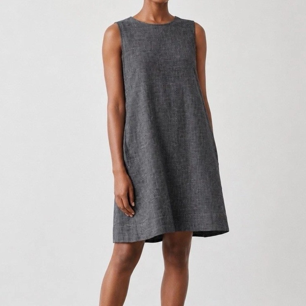 Eileen Fisher Shift Dress Womens Large Black White Linen Blend Sleeveless Pocket
